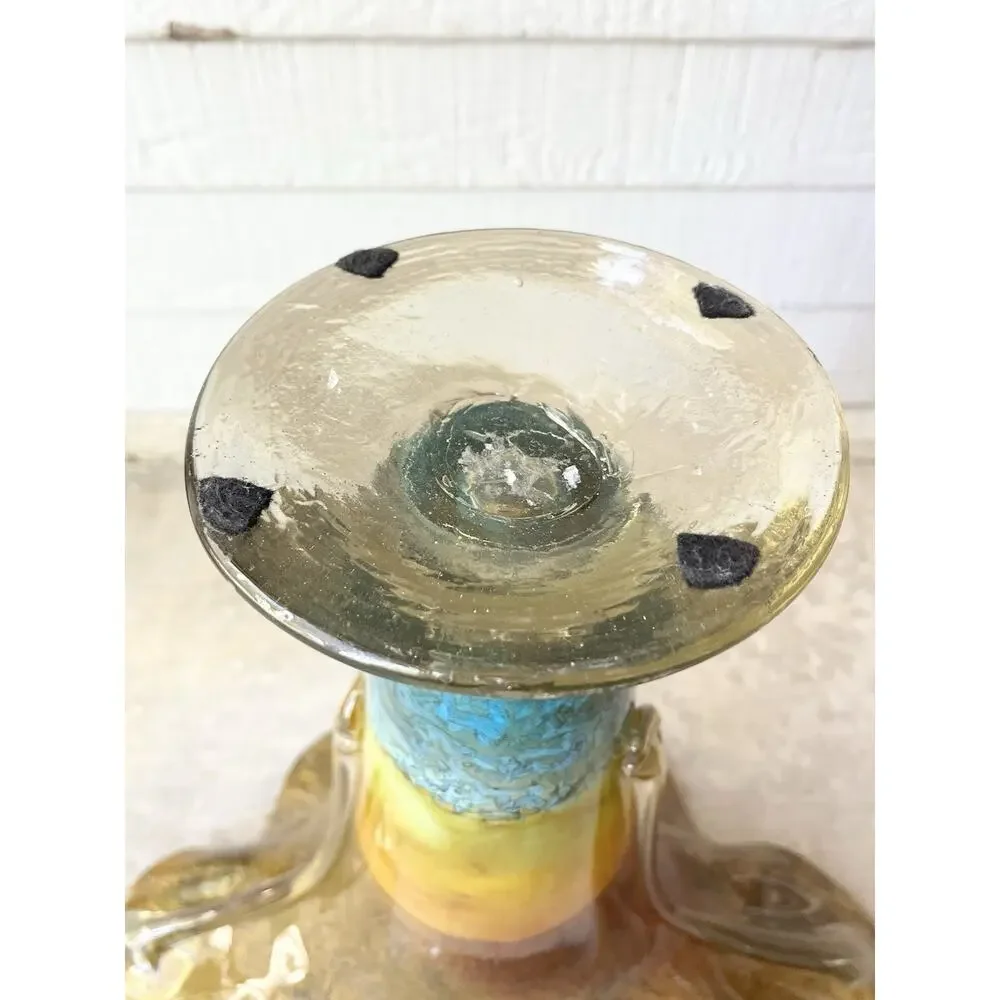 1970s Vintage Murano-Style Handblown Encased Flared Amber Teal Trumpet Vase 17”